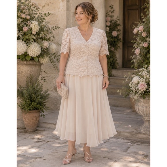 Cachet Dresses & Skirts - Cachet 2 Piece Dress Set Womens 12 Champagne Lace Chiffon Vintage 90s Romantic